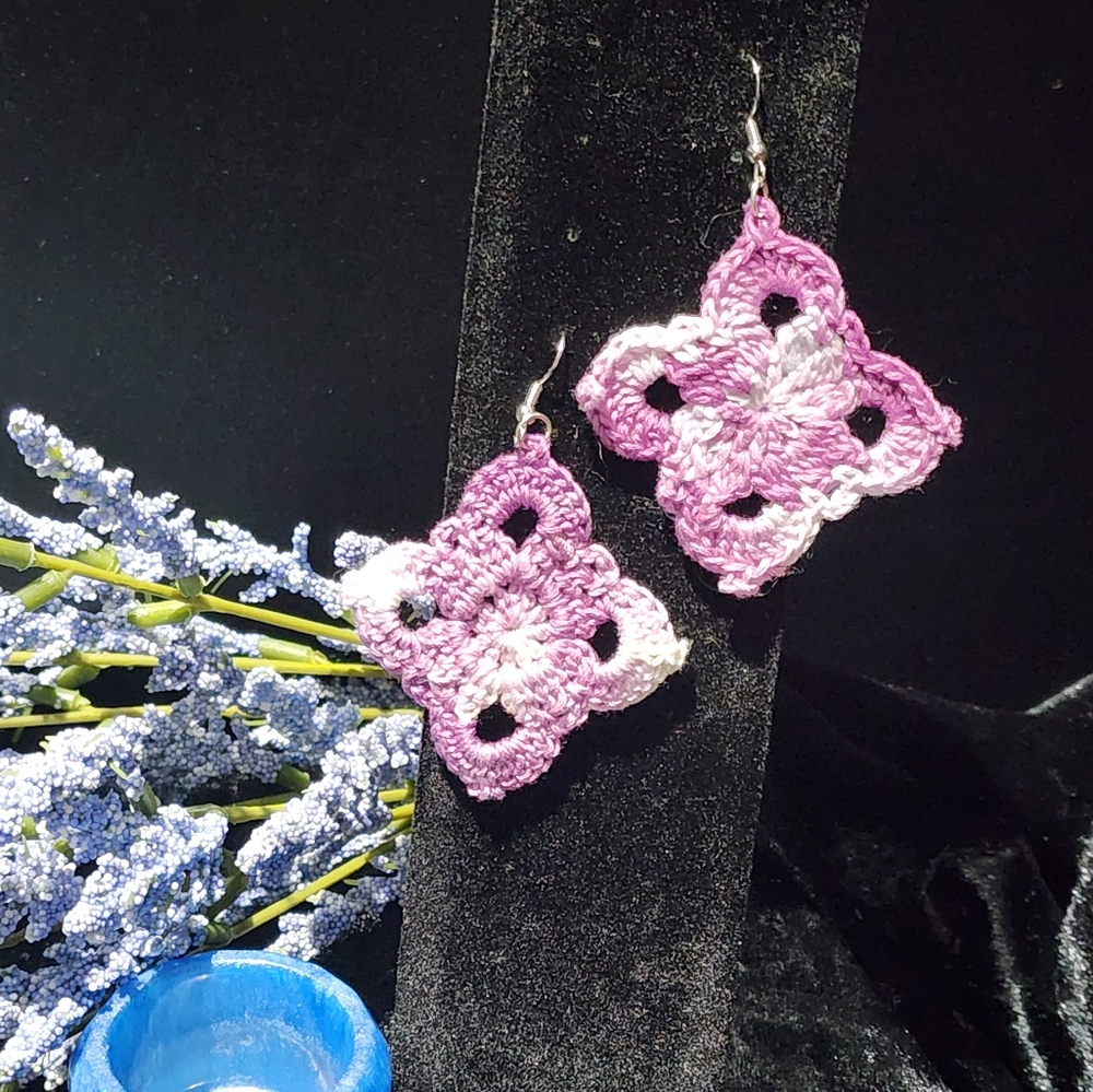 Purple and White Crochet Earrings